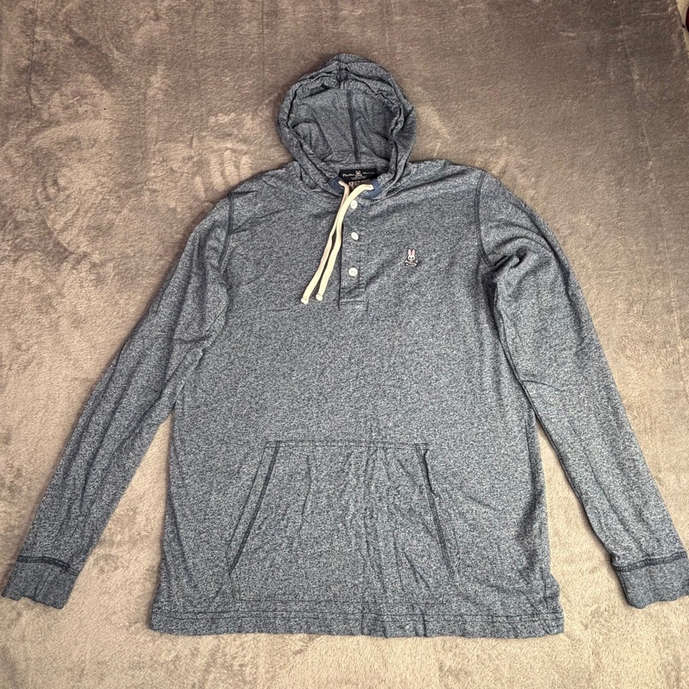 Psycho Bunny Hoodie Men 4 Medium Blue Heathered Pima Cotton Henley Pullover